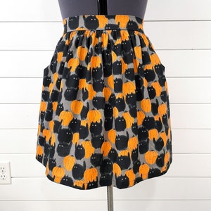 Cute Halloween Pumpkin Black Cat Skirt with Pockets - Handmade Clothing - Spooky Scary Witch Black Orange - Costume Outfit for Fall Autumn