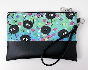 Soot Sprite Wristlet - Small Purse Handmade Accessory - Anime Manga Japan Fan - Green Blue Purple Vinyl Bag - Travel Pouch - Purse Organizer