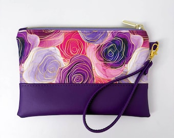 Purple & Pink Roses Floral Wristlet - Purse Accessory Clutch - Plum Faux Leather Vinyl Bag - Colorful Flowers - Travel Pouch Purse Organizer