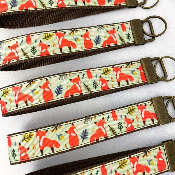 Fox Forest Key Fob / Wristlet / Wrist Keychain / Ribbon Key Fob / Cute Forest Animal / Mushrooms Nature Cottagecore / Woodland Creatures