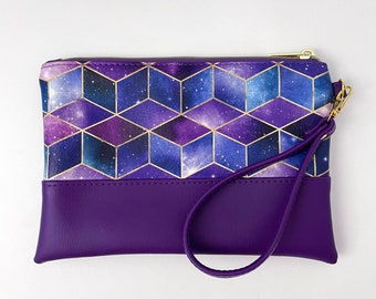 Purple Gold Space Geometric Wristlet Clutch - Purse Clutch Accessory - Faux Leather Vinyl Bag - Travel Pouch - Purse Organizer - Handmade