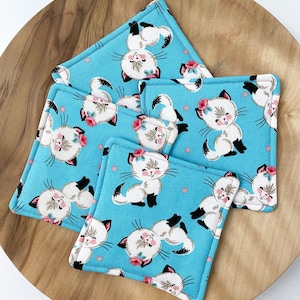 Aqua Cats Cotton Fabric Coasters - SET OF 4 Handmade Reusable Eco Friendly - Cute Black Kitties - Home Decor Cat Lady Gift Cozy Soft