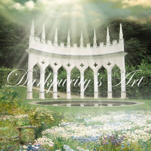 May include: A white stone archway with a rounded top and pointed spires, surrounded by a field of white and blue flowers. The archway is set against a backdrop of green trees and a cloudy sky with a bright sun shining through.