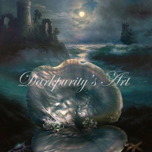May include: An artistic, fantasy-themed painting featuring a large, iridescent seashell in the foreground. A full moon illuminates a stormy sea with a ship and a castle on a cliff. The text "Darkpurity's Art" is visible.
