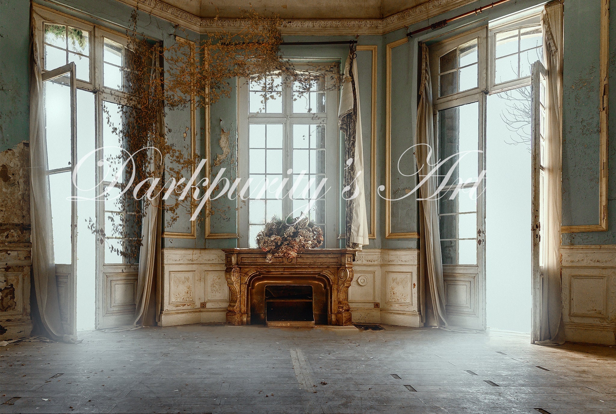 Abandoned Autumn Foggy Room Digital Backdrop Background for Photoshop Stock Image