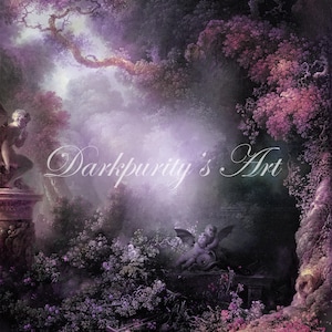 May include: A digital art print of a romantic garden scene with a dark, ethereal atmosphere. The artwork features statues of cherubs, lush purple foliage, and the text "Darkpurity's Art". The color palette includes shades of purple, pink, and green.