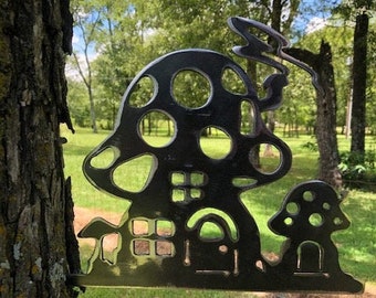 metal mushroom house tree stake yard art garden art