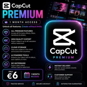 May include: A digital advertisement for CapCut Premium featuring a 1-month access offer. The graphic displays the CapCut logo, a list of features including 4K export, cloud storage, AI tools, and no watermark, alongside a price of 6 euros.