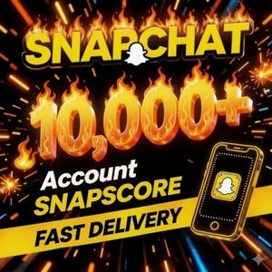 Könnte beinhalten: Eine digitale Grafik mit dem Text SNAPCHAT 10,000+ ACCOUNT SNAPSCORE FAST DELIVERY in fetter gelber und weißer Schrift. Die Zahlen sind mit orangefarbenen Flammen vor einem schwarzen Hintergrund mit Lichtstreifen und einem Smartphone-Symbol gestaltet.