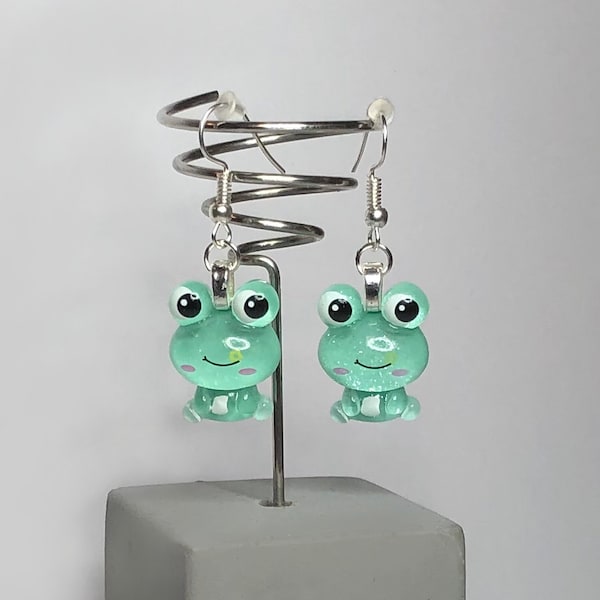 Cute Glittery Frog Cabochon Earrings - Resin Frog Earrings