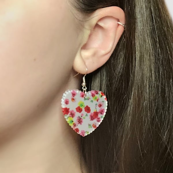 Flower Design Heart Earrings - Floral Pattern Heart Earrings - Cute Acrylic Heart Earrings