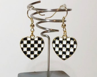 Cute Checkered Heart Earrings - Enamel Heart Earrings