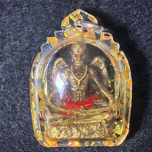 Kru Kai Kaew Maha Chanuan Metal Amulet in Holy Oil w/ Gold Flakes, Thai Fortune/Protection/Good Luck Amulet, Encased w/ Katha