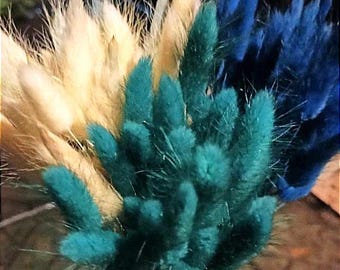 Dried Bunny Tail Bouquet: Blue & Natural Lagurus, Rustic Floral Decor (60 Pc)
