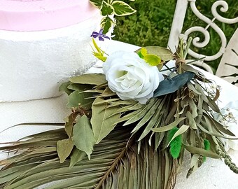 Natural White Green Dried Palm Arrangement: Beach Wedding Garland Table Decor (22/40")