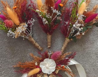 Terracotta Burgundy Dried Flower Boutonniere: Rustic Wedding Accessories