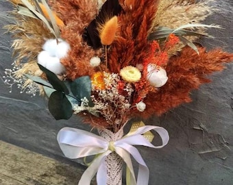 Dried Flower Bouquet,  Ivory, Terracotta, Orange Pampas Grass & Palm Arrangement