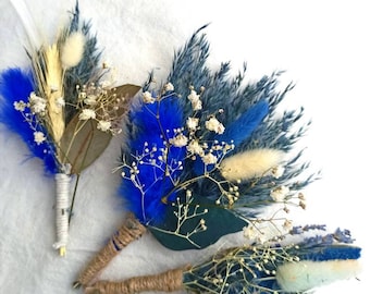 Blue Dried Flower Boutonniere: Rustic Boho Wedding Groomsmen Accessory