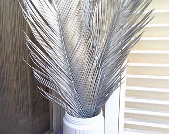 Hand-Painted Dried Palm Leaves Set: Silver Tropical Home Arrangement