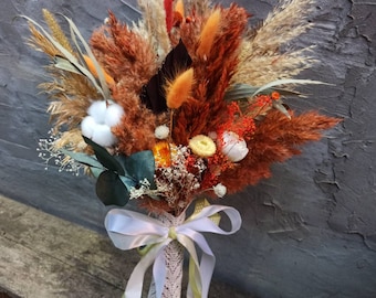 Bouquet séché Herbe de Pampas, Palmier, Couleur Ivoire-Terre cuite-Orange, Remplisseur de vase, Arrangement floral naturel, Décor de mariage, Bouquet de mariée Boxo