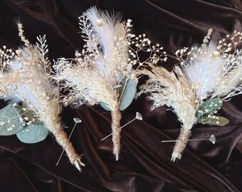 White Dried Flower Boutonniere: Eucalyptus, Pampas Grass, Boho Wedding