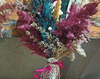 Dried Flower Bouquet: Burgundy Pampas Grass, Eucalyptus, Rustic Wedding Decor