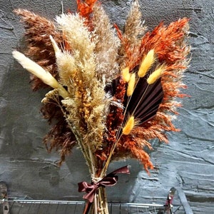 Autum Dried Bouquet Pampas Grass,Palm, Ivory-Brown-Terracotta, Dry Floral Arangement for Living Room, Boho Wedding Decor, Bridesmaid Bouquet