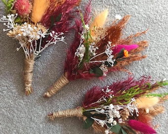 Terracotta Burgundy Dried Flower Boutonniere: Fall Rustic Wedding Accessories