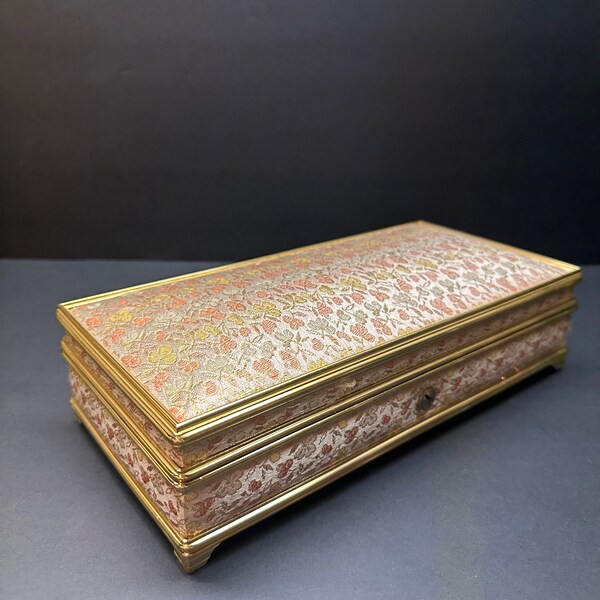 Vintage Gold Brocade and Red Velvet Jewelry Box - Mirror and Music Box