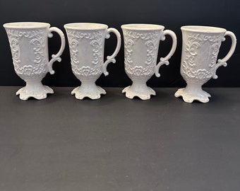 Vintage RARE 4 tazas de café Napco de cerámica provincial iridiscente blanca de mediados de siglo JAPAN MADE