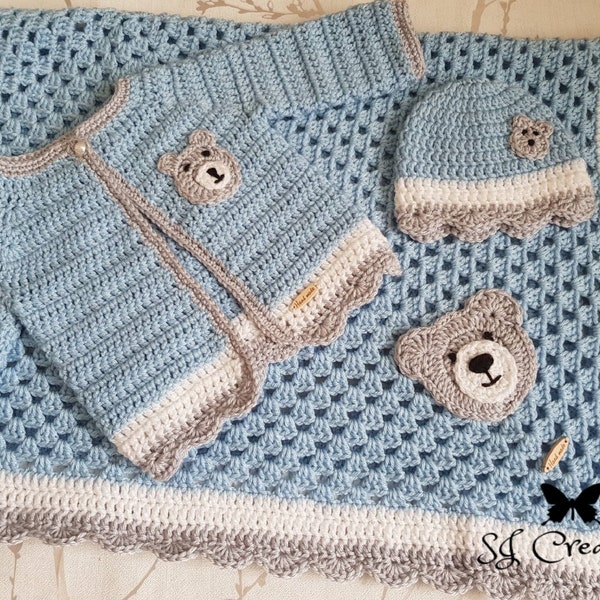 Ensemble veste/cardigan, couverture et bonnet pour bébé au crochet fait main, nouveau cadeau de naissance. Emballage cadeau