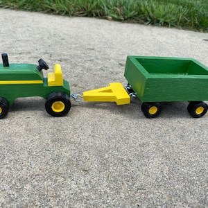 Small Wooden Green Tractor and Trailer