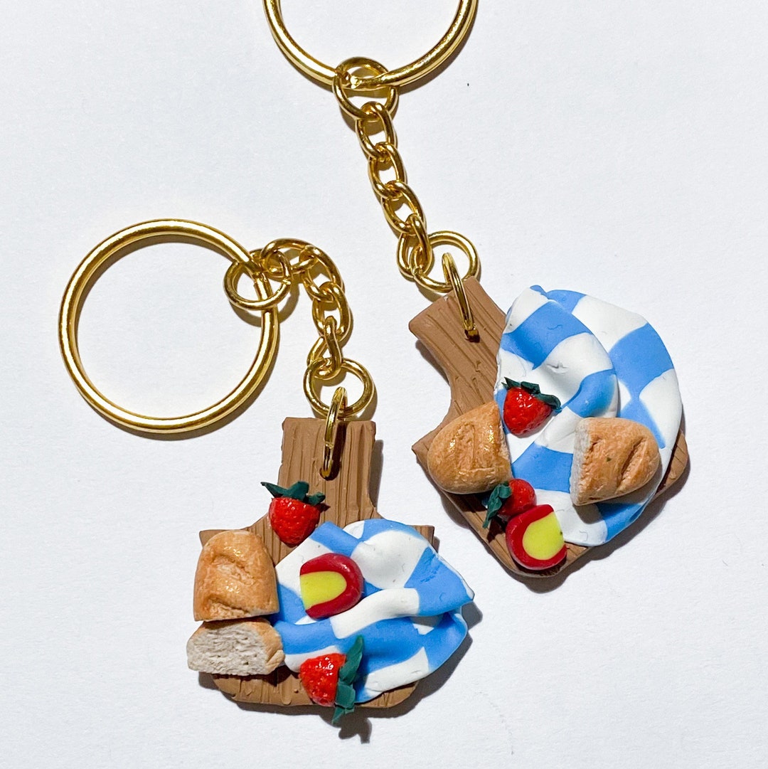 Polymer Clay Charcuterie Picnic Board Keychain Bred, Strawberries, and