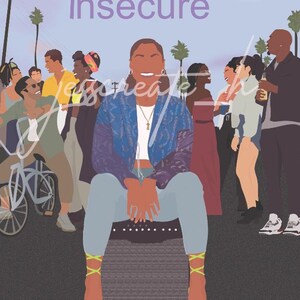 Könnte beinhalten: Illustration einer Frau in einer blauen Jacke und hellblauen Hose, die vor einer Menschenmenge sitzt. Das Wort "insecure" ist in lila Text dargestellt. Die Frau trägt gelbe Riemchenabsätze. Der Hintergrund zeigt Palmen und andere Personen.