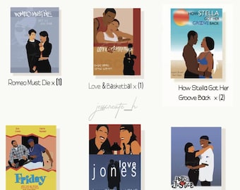 Può includere: Una collezione di sei mini stampe da 5x7 pollici con illustrazioni minimaliste di locandine di film neri, tra cui Romeo Must Die, Love & Basketball, How Stella Got Her Groove Back, Friday, Love Jones e Poetic Justice con etichette.