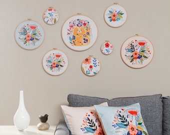Cat & Floral Embroidery Hoop Wall Decor - Cotton Pillow Covers