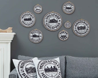 City Stamp Embroidery Hoop Wall Decor & Pillow Cover Set