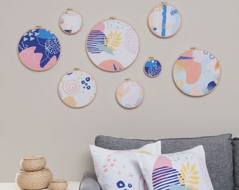Juego de decoración de pared con bastidor de bordado de algodón abstracto y fundas de almohada