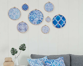 Mediterranean Tile Print Wall Art Set: Blue Embroidery Hoop Decor