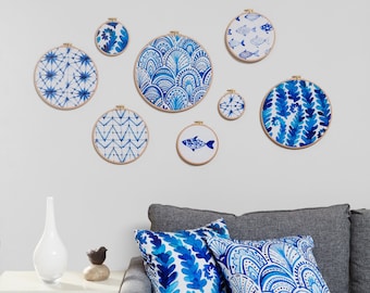 Blue Ocean Cotton Embroidery Hoop Wall Decor & Pillow Covers