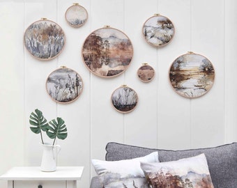 Arte mural con bastidor de bordado natural: tela de algodón, decoración del hogar hecha a mano