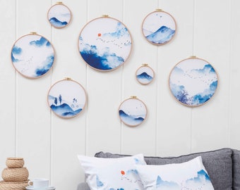Handmade Embroidery Hoop Wall Art: Blue Mountain Landscape