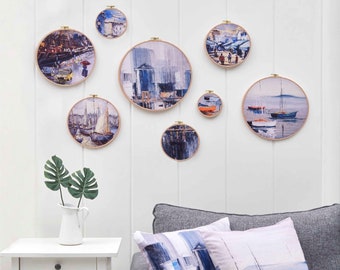 Coastal Embroidery Hoop Art: Navy Blue Wall Decor Set