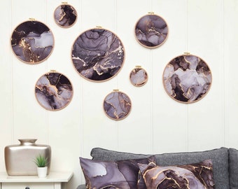 Marble Embroidery Hoop Art: Silver Black Wall Decor