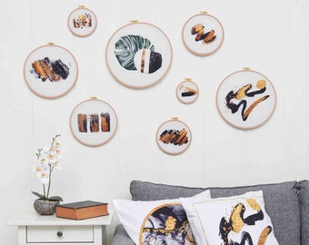 Black & Gold Abstract Embroidery Hoop Wall Decor - Cotton Pillow Cover Set