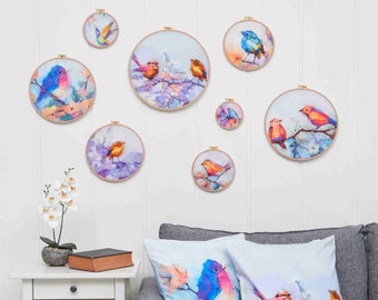 Bird Watercolor Embroidery Hoop Wall Decor: Handmade Cotton Art