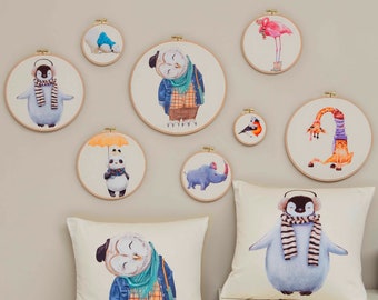 Winter Animals Embroidery Hoop Wall Decor & Pillow Covers