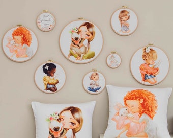 Embroidery Hoop Wall Decor, Girl and Dog Art, Kids Room
