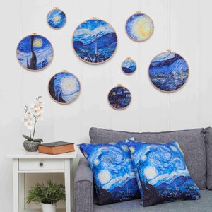 Starry Night,Wall Decor,Embroidery art,Hand made home gift,Van gogh painting,cotton pillow cover,Van gogh starry night,framed fabric,wooden