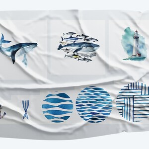 May include: A white fabric with blue and white nautical themed designs. The designs include a whale, a lighthouse, a school of fish, an anchor, a striped rope, and two circles with wavy lines.